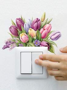 1pc Removable Creative Tulip Switch Sticker, Green Plant Flower Wall Decal, Green Leaf Sticker For Switch, Decorative Art Mural Suitable For Living Room, Bedroom, Bathroom, Kitchen, Home Decor