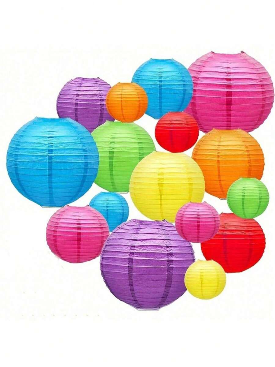 16pcs/Set Hanging Paper Lanterns Decor, Rainbow Colored Chinese Paper Lanterns Ceiling Garland For Carnival, Mexican Party, Christening, Birthday, Anniversary