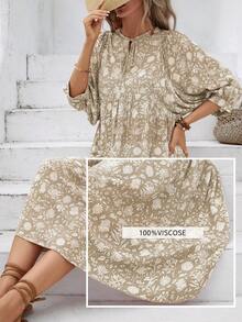 全印花打結領口襯衫袖連衣裙，時尚休閒日常裝 - 淺灰色 - 查看 4