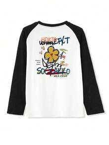女士宽松休闲百搭印花插肩袖撞色卡通印花长袖T恤 - 黑與白 - 查看 4