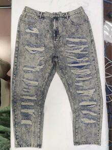 Plus Size Men's Distressed Washed Blue Relaxed Fit Casual Jeans - Blue - View 3