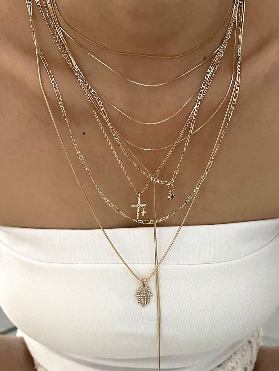 5pcs/Set Y-Shaped Chain Necklace Set, Fashion Minimalist Elegant Vintage Design Demon Eye Cross Rhinestone Bling Bling Simplistic Plain Chain Pendant Multi-Layer Necklace, Suitable For Holiday, Party, Date, Gift, Daily Wear