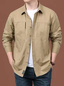 Men's Long Sleeve Shirt - Cotton With Zippered Pockets For Casual And Work Style - 卡其色 - 查看 2