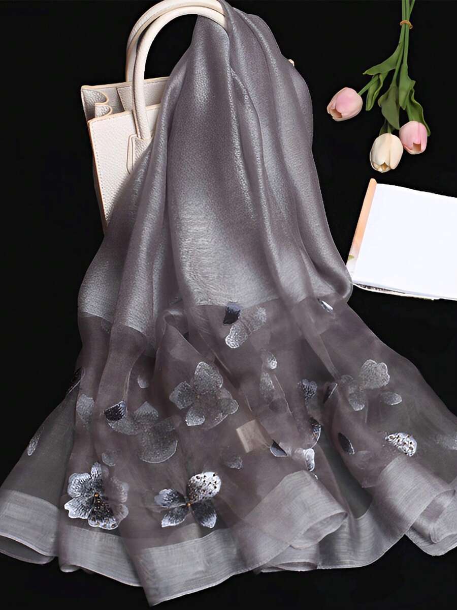 手工刺繡輕絲綢披肩,三季通用圍巾,送給女性與媽媽的優雅禮物,適合各種場合 - 灰色 - 查看 1