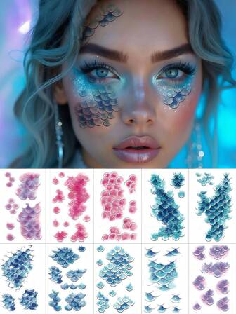 10张美人鱼鳞片纹身贴纸海美人鱼脸部纹身防水临时纹身贴适用于女性角色扮演化妆万圣节服装配饰生日派对节日装饰