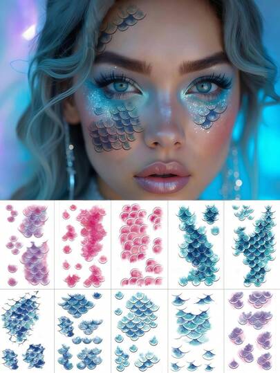 10 hojas de tatuajes temporales de escamas de sirena, tatuajes faciales de sirena del mar, tatuajes temporales impermeables para mujeres, accesorios de cosplay, carnaval, maquillaje, Día de San Valentín, decoraciones de fiesta de cumpleaños y festival