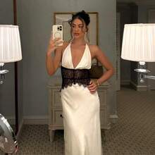 Głęboki dekolt w serek, koronkowa sukienka z odkrytymi plecami, seksowna, prześwitująca, letnia nowość