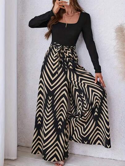 Women's Elegant V-Pattern Print Square Neck Long Sleeve Wide Leg Jumpsuit