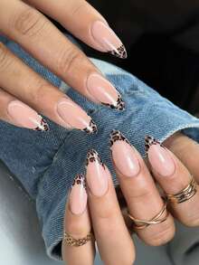 VV MEI JIA ER 24pcs Medium Almond Shaped Nail Stickers Set - Instantly Elevate Your Look! Includes Minimalist Elegant Black French Manicure, Chic Leopard Print, Fashionable Dark Night Black French, Nude Pink, Full Coverage Nail Designs, Suitable For Women And Girls. Set Contains 1pc Gel Polish And 1pc Nail File. Complete Manicure Supplies.