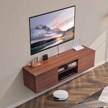 Floating TV Stand, 60" Wall Mount Entertainment Center With Adjustable Shelf & Sliding Doors, 2 Tiers Floating TV Shelf With Storage Cabinet For DVD Player, Cable Box, Game Console, Walnut - Coffee Brown - View 1