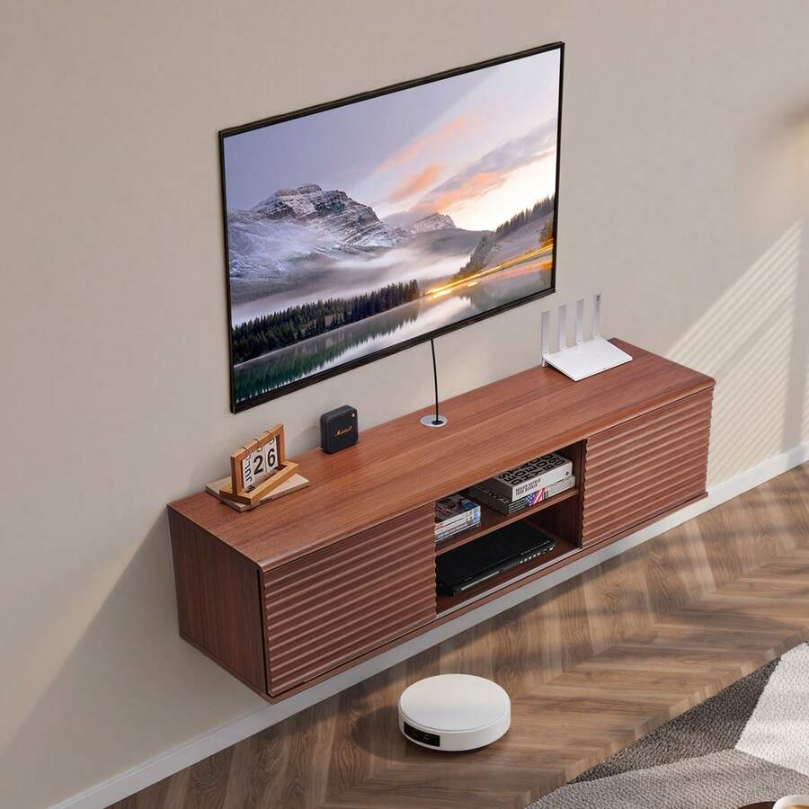 Floating TV Stand, 60" Wall Mount Entertainment Center With Adjustable Shelf & Sliding Doors, 2 Tiers Floating TV Shelf With Storage Cabinet For DVD Player, Cable Box, Game Console, Walnut - Coffee Brown - View 1