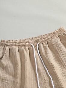 Conjunto informal de dos piezas para hombre (camisa de manga corta lisa + pantalón corto con cordón) - Caqui - Ver 7