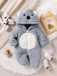 1pc Newborn Baby Boy Cute Cartoon Hooded Long Sleeve Zip-Up Romper, Soft & Comfortable Outfit
