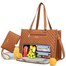 Lunch Tote Bag For Women, 15.6 Inch Laptop Work Bag With Insulated Lunch Box Compartment & Purse Large Capacity Quilted Computer Handbag For Office Business Work Nurse T Eacher Travel Casual - 棕色 - 查看 1