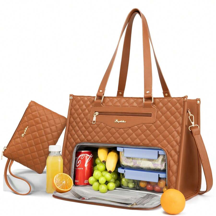 Lunch Tote Bag For Women, 15.6 Inch Laptop Work Bag With Insulated Lunch Box Compartment & Purse Large Capacity Quilted Computer Handbag For Office Business Work Nurse T Eacher Travel Casual - 棕色 - 查看 1