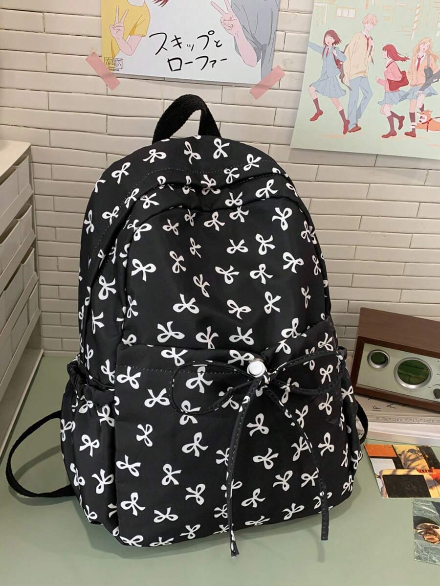 Set de mochila plegable resistente al agua con estampado de lazo de nailon beige, con múltiples bolsillos, adecuada para adolescentes, estudiantes de secundaria/universidad, mujeres para uso diario, escuela, entrenamiento, viajes, regalo de San Valentín (las letras de etiqueta pequeñas son aleatorias)