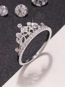 1pc Elegant Shiny Crown-Shaped Cubic Zirconia Ring, Suitable For Brides, Weddings, Parties, Eternal Ring For Women, Luxury High-Quality Jewelry - Silver - View 8