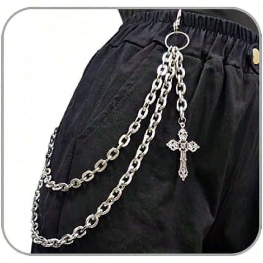 Punk Layered Pants Chain For Men Women, Silver Heart Cross Rivet Tassel Wallet Chains, Hip Hop Pocket Chains, Goth Jewelry Key Chain Wallet For Men - 樣式12 - 查看 1