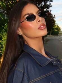 1pc Women's Dark Grey Oval Frameless Metal Leg Edged Small Frame Fashionable Eyeglasses, Suitable For Daily Wear Elegant Outfit For Summer Beach Vacation,Outdoor,Travel - 黑灰 - 查看 2