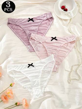 3件套-纯粹欲炸裂场！女士冰丝三角内裤性感蜜桃臀俏皮蝴蝶结甜美暴击温柔粉紫白舒适透气内缝仙女风中腰女士内裤