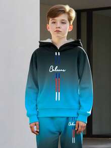 2pcs/Set Boys Gradient Print Hoodie And Sweatpants Set, Casual Fashion Knit Long Sleeve Top And Pants, Suitable For Spring, Autumn And Winter - Dusty Blue - View 5