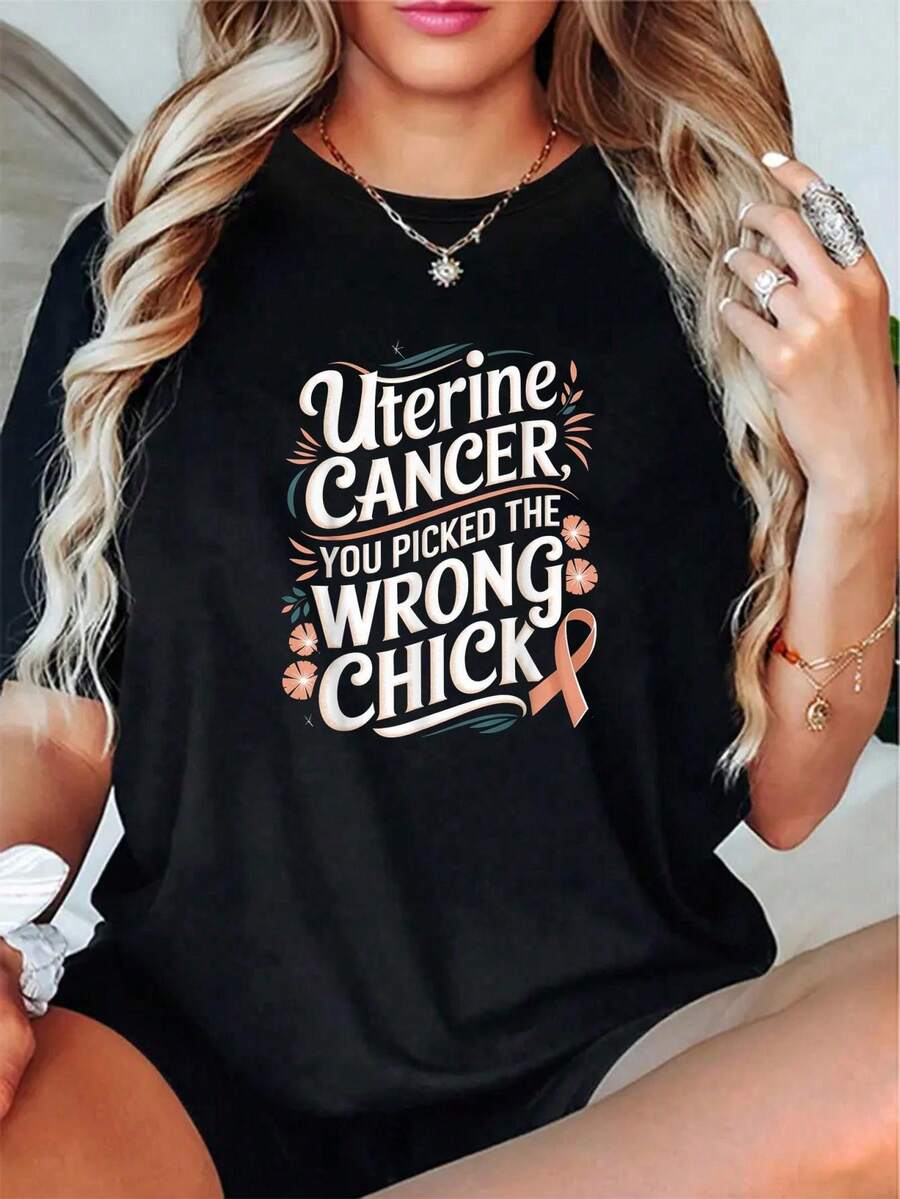 Women's Breathable And Comfortable Round Neck T-Shirt Cancer Awareness Picked A Wrong Chick Uterine Cancer T-Shirt - 黑色 - 查看 1