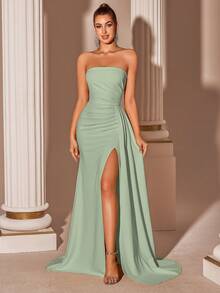 Elisanya 奶油黄色优雅露肩高腰开衩长款系带舞会礼服 - 綠色 - 查看 8