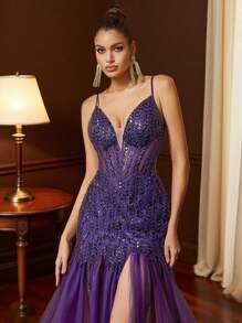 Vestido de graduación azul elegante con paneles, abalorios y lentejuelas - Vestido de fiesta elegante para eventos formales, bodas, cenas y graduaciones para mujeres