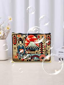 1pc Japanese Traditional Print Makeup Bag Large Capacity Zippered Cosmetic Pouch, Durable Polyester Travel Organizer With Braided Details & Vibrant Geisha, Pagoda, Cherry Blossom Design - Perfect Gift For Women, Pet Lovers, Avocado Fans, Sturdy Zipper Closure,Pouch,Makeup Pouch,Travel Essential - Multicolor - View 4