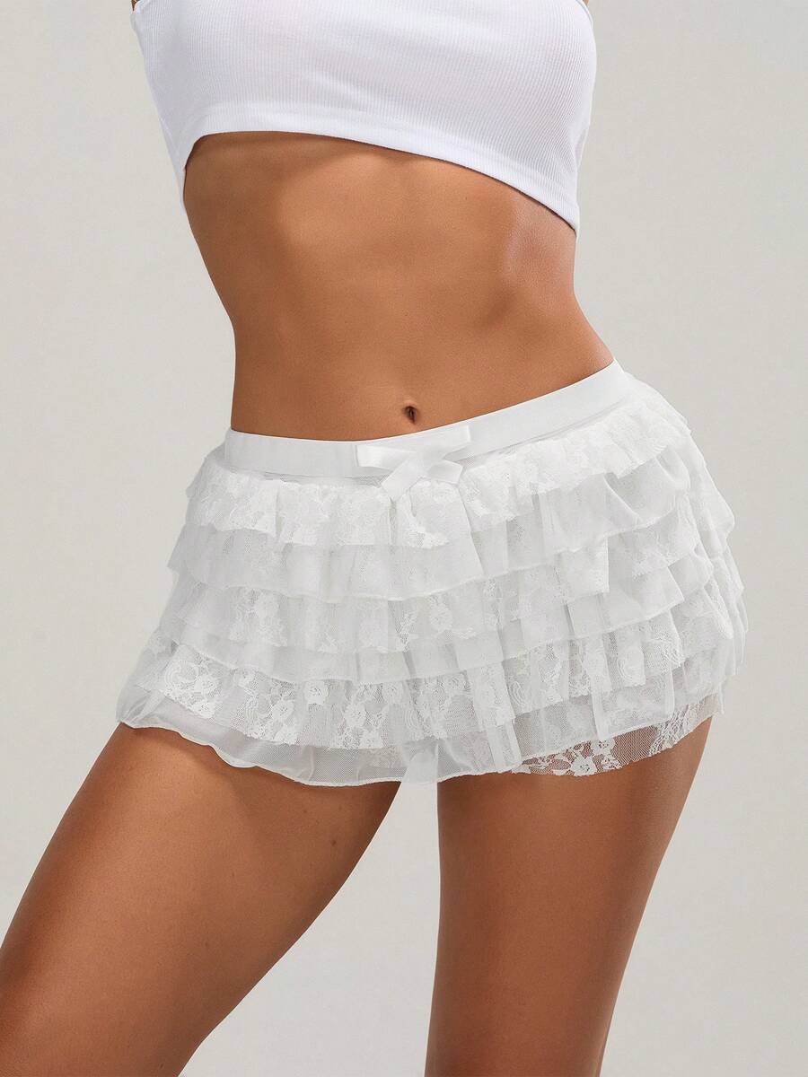 Women Ruffle Lace Shorts Bloomers Summer Casual Layered Tiered Pleated Slim Fit Floral Lace Trim Shorts - White - View 1