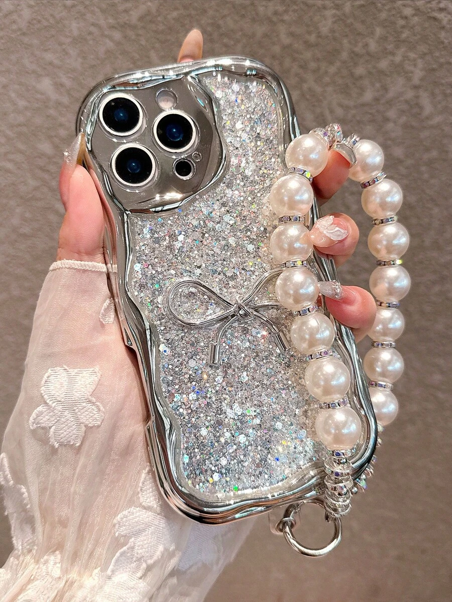 极简珍珠电镀亮片波浪纹手机壳+腕带，兼容 17 Pro Max/17 Pro/17 Air/17/16 Pro Max/16/16 Pro/16 Plus/15/15 Pro Max/15 Pro/15 Plus/11/12/13/14 Pro Max/XS/XR/11 Pro/11 Pro Max/12 Pro/12 Pro Max/13 Pro/13 Pro Max/14 Pro/14 Pro Max/14 Plus，极简创意软壳，春季礼物