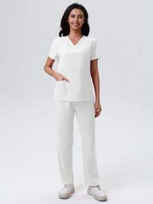 V-Neck Solid Color Pocket Short Sleeve Top And Pants Scrub Set Spring White - White - View 3