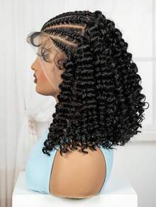 1pc 16 Inch Women's Short Braid Wig Black 13*6 Front Lace Short Braid Synthetic Fiber Wig, Breathable, Comfortable And Stylish Basic, With Heat-Resistant Fiber Daily Wear