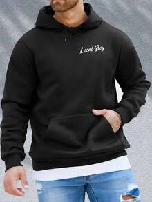 Local Men's Patterned Hoodie,With Pocket,Regular Casual Pullover,Suitable For Autumn And Winter,Machine Washable Fashion Printed Sweatshirt - 黑色 - 查看 3