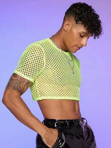 Men's Fishnet Mesh Tee Shirt Round Neck Short Sleeve Crop Top - 青檸色 - 查看 2