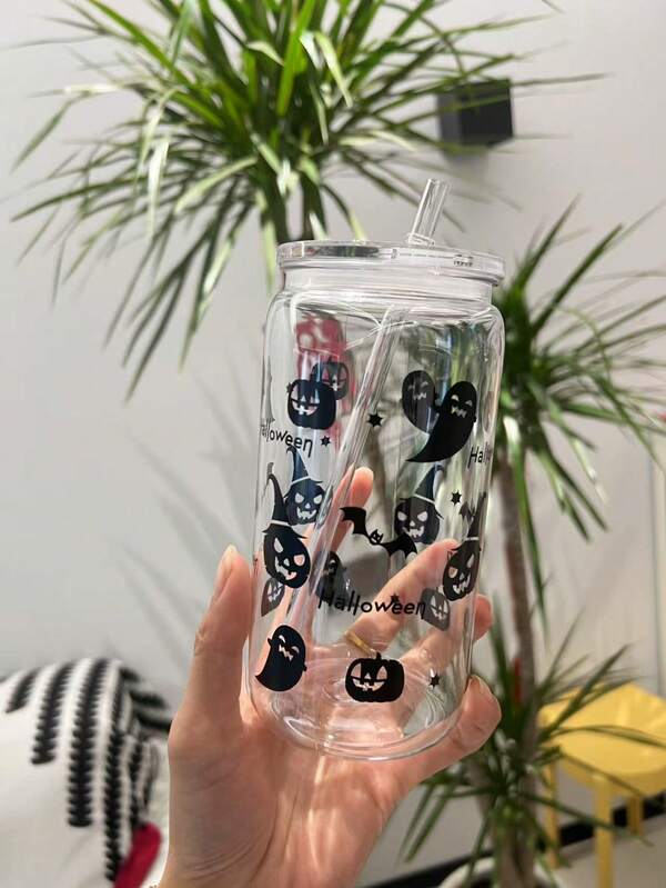 1 pieza Frasco de albañil de plástico de 500ml con estampado de Halloween, taza de café, botella de agua portátil, adecuado para reuniones, al aire libre, festivales, regalos para amigos y familiares