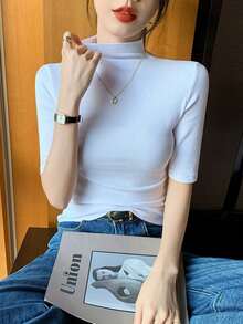 Women's Knit Blouse, High Neck, Plain Half Sleeve, Ribbed Fabric, Size S, M, L - 紅白色 - 查看 3