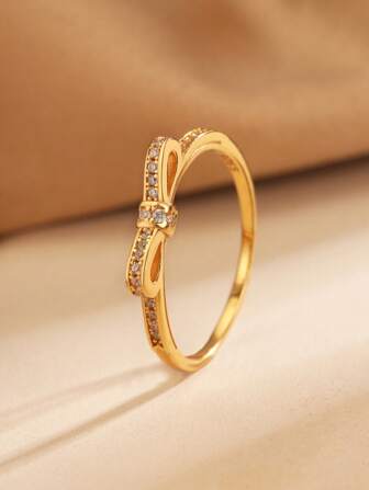 1pc S925 Sterling Silver Bowknot Cubic Zirconia Plated Gold Ring, Fashion Minimalist Jewelry Gift For Women, Mothers, Girlfriends, Friends, Versatile Daily Wear