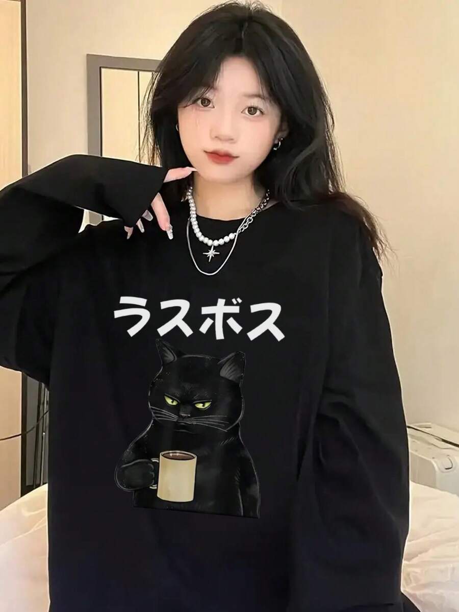 女款休閒日系字母與貓咪印花長袖T恤，春秋冬百搭 - 黑色 - 查看 1