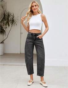 LookbookStore High Waisted Wide Leg Baggy Barrel Jeans Denim Jean Pantshalloween - Màu đen phai - Xem 7