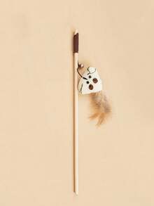 1 件木制逗猫棒配老鼠铃铛，款式随机，互动猫玩具