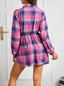 Blusa maternidad dama mujer corte largo estampado cuadros botones frontales cuello v manga larga elástico bajo busto bebe embarazo ligera ajuste cómodo otoño invierno primavera - Rosa Fucsia - Ver 2