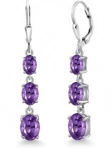 Gem Stone King 3-Stone Leverback Drop Dangle Earrings Women |   925 Sterling Silver |   Gemstone Birthstone |   Oval 8X6MM 7X5MM And 6X4MM |   Fine Jewelry Gifts Her Mom Women Wife - 紫水晶,二月 - 查看 1