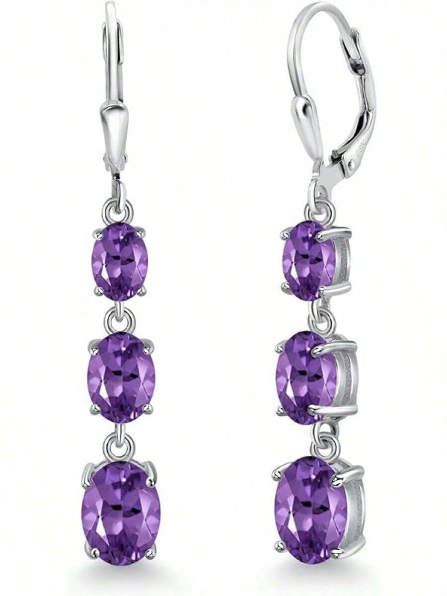 Gem Stone King 3-Stone Leverback Drop Dangle Earrings Women | 925 Sterling Silver | Gemstone Birthstone | Oval 8X6MM 7X5MM And 6X4MM | Fine Jewelry Gifts Her Mom Women Wife - 紫水晶,二月 - 查看 1