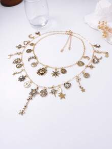 1pc Vintage Chic Luxury Retro Gold-Color Alloy Sun, Moon & Star Layered Chain Necklace For Women - Sun and Star Pendant Necklace - View 4