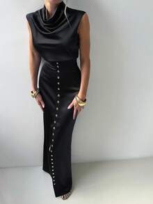 女士优雅缎面衬衫和中长裙套装，适合夏季日常穿着和工作场合，黑色 - 黑色 - 查看 2