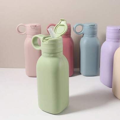 450ml Baby Silicone Straw Cup, Children's Solid Color Tableware Portable Outdoor Sports Water Bottle