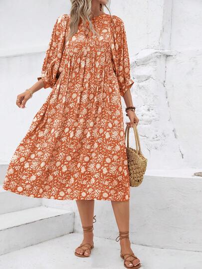 Allover Print Lantern Sleeve Dress