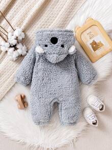 1pc Newborn Baby Boy Cute Cartoon Hooded Long Sleeve Zip-Up Romper, Soft & Comfortable Outfit