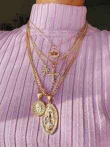 5pcs/Set Fashion Relief Decor Necklace Pendants Including Lotus, Palm Tree, Cross, Suitable For Any Occasion - Gold - View 1